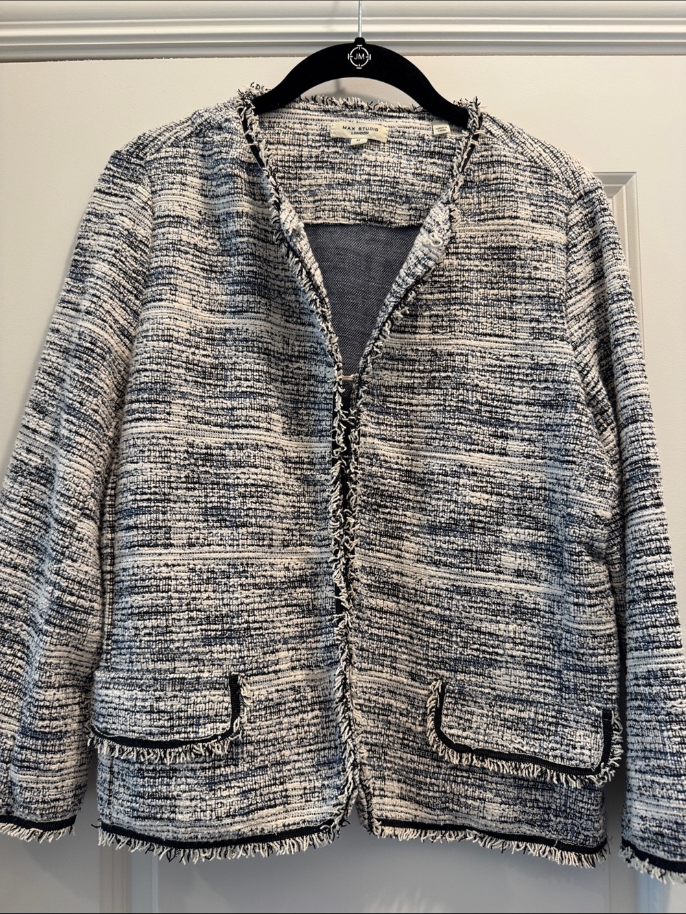 Max Studio Navy and White Tweed Fringe Blazer with 3/4 sleeves